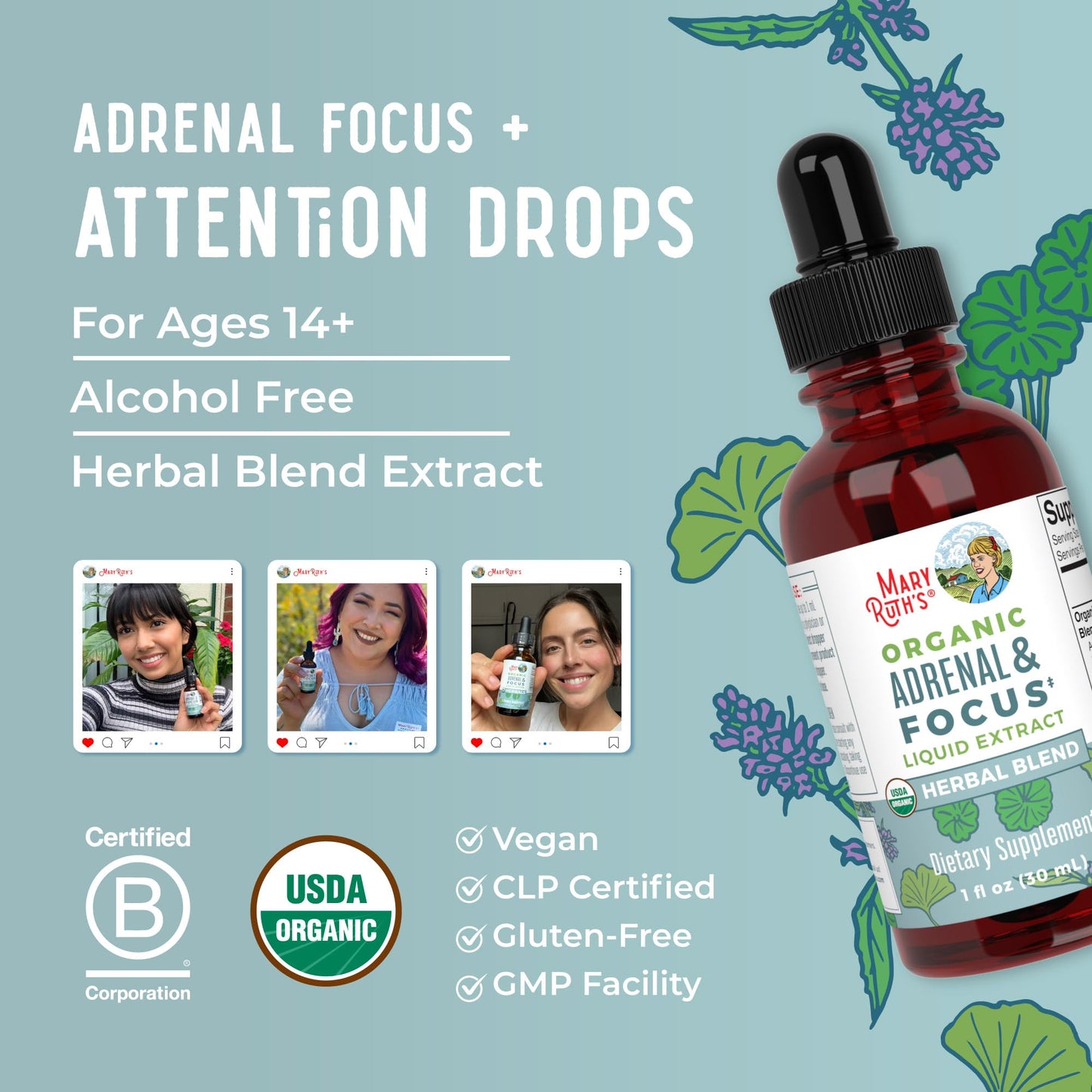 MaryRuth Organics - USDA Organic Brain Nootropic Supplement for Adults with Ginkgo Biloba & Astragalus | Focus & Adrenal Support | Brain & Memory Drops | Vegan | Non-GMO | Gluten Free | 30 Servings - Maple Wellness Supplements