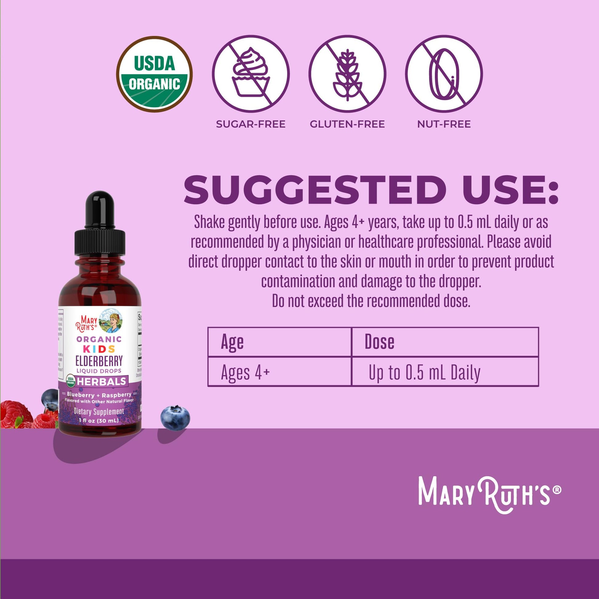 MaryRuth Organics USDA Organic Elderberry Liquid Drops for Kids | Vegan Elderberry Extract Organic Glycerin | Immune Support Supplement | Overall Health | Formulated for Ages 4-13 | 1oz - Maple Wellness Supplements
