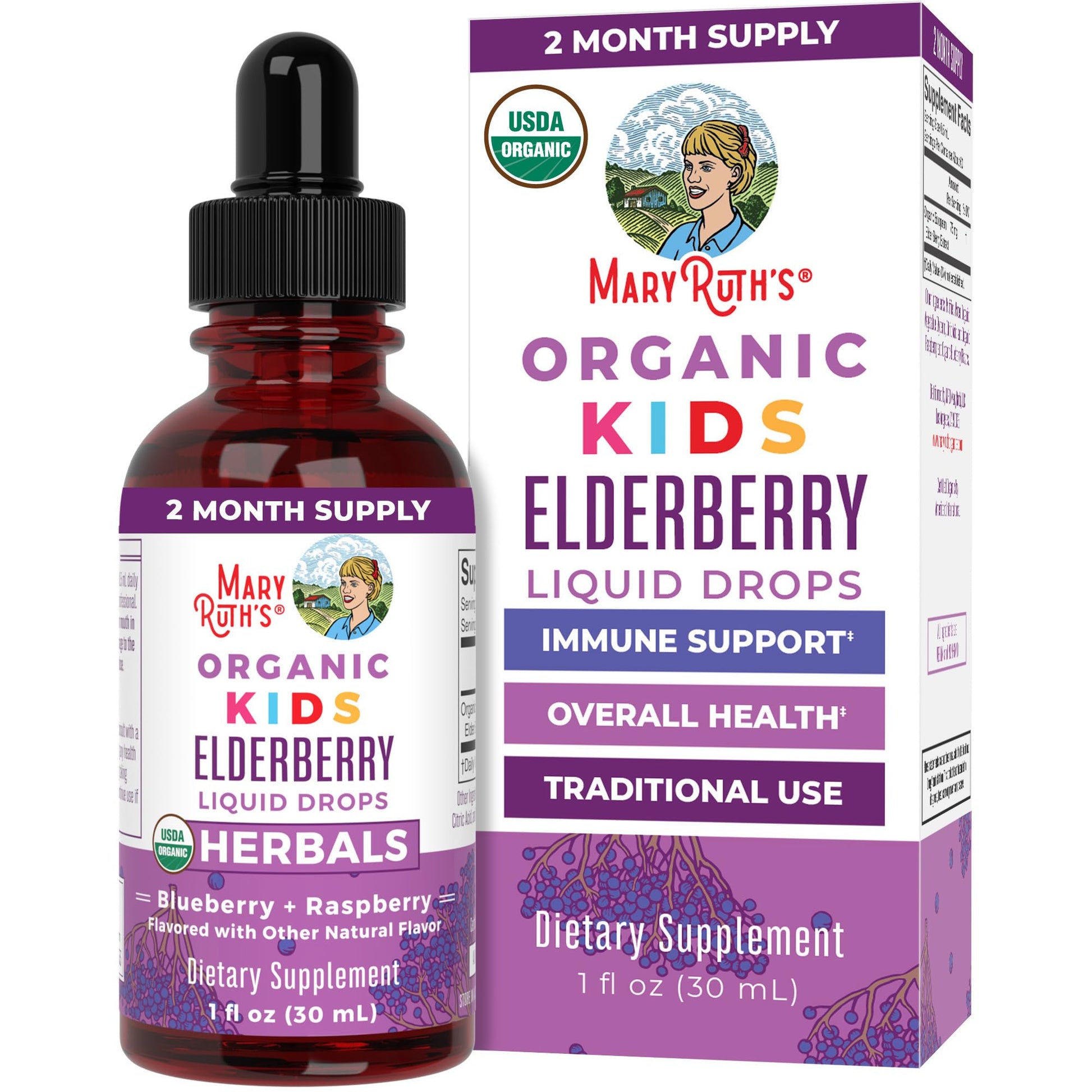 MaryRuth Organics USDA Organic Elderberry Liquid Drops for Kids | Vegan Elderberry Extract Organic Glycerin | Immune Support Supplement | Overall Health | Formulated for Ages 4-13 | 1oz - Maple Wellness Supplements