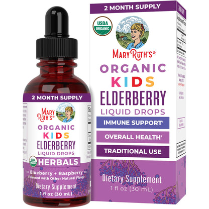 MaryRuth Organics USDA Organic Elderberry Liquid Drops for Kids | Vegan Elderberry Extract Organic Glycerin | Immune Support Supplement | Overall Health | Formulated for Ages 4-13 | 1oz - Maple Wellness Supplements