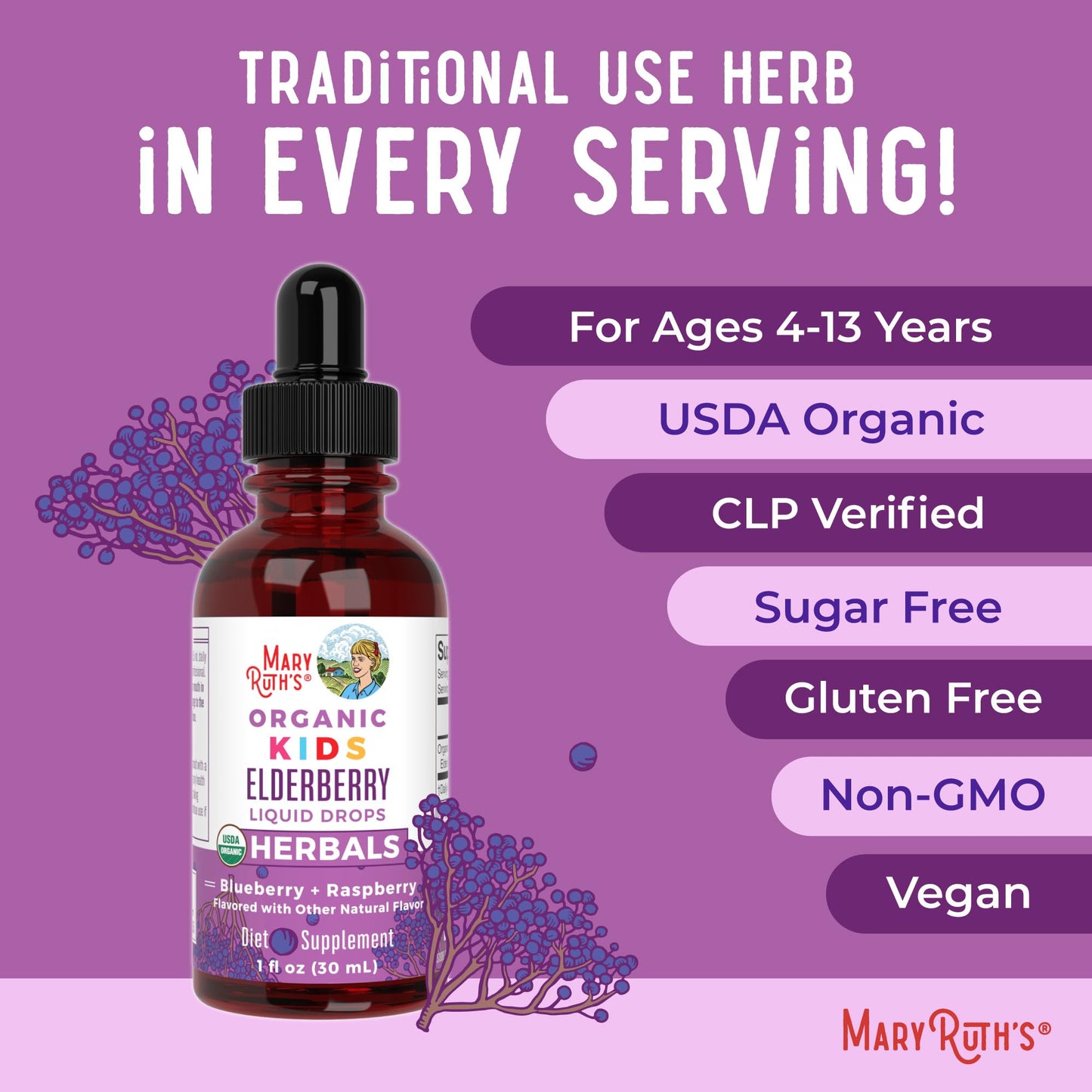 MaryRuth Organics USDA Organic Elderberry Liquid Drops for Kids | Vegan Elderberry Extract Organic Glycerin | Immune Support Supplement | Overall Health | Formulated for Ages 4-13 | 1oz - Maple Wellness Supplements