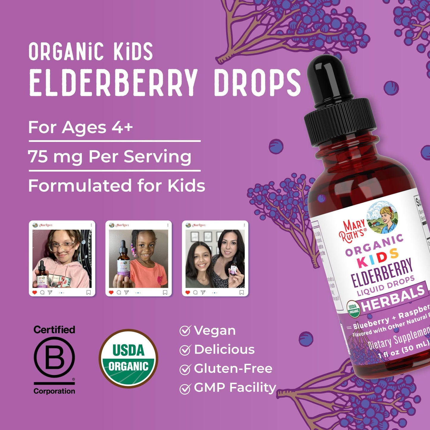 MaryRuth Organics USDA Organic Elderberry Liquid Drops for Kids | Vegan Elderberry Extract Organic Glycerin | Immune Support Supplement | Overall Health | Formulated for Ages 4-13 | 1oz - Maple Wellness Supplements