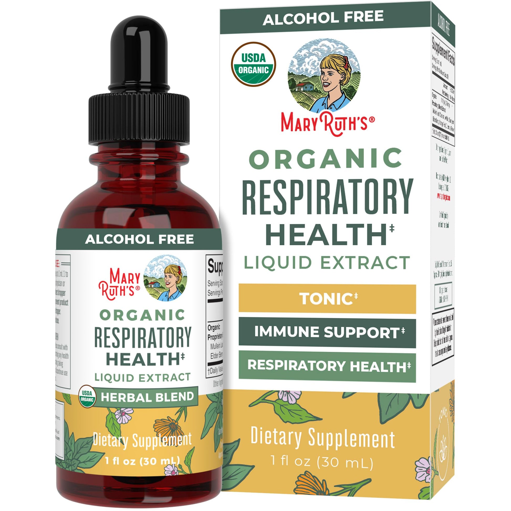 MaryRuth Organics USDA Organic Respiratory Health Liquid Drops with Mullein Leaf | Marshmallow Root & Elderberry | Mullein Drops for Lungs Herbal Blend | Immune Support Supplement | Vegan | 1 Fl Oz - Maple Wellness Supplements