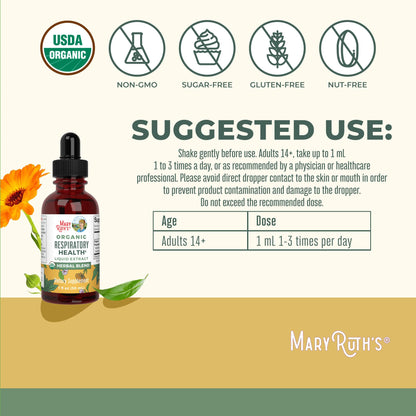 MaryRuth Organics USDA Organic Respiratory Health Liquid Drops with Mullein Leaf | Marshmallow Root & Elderberry | Mullein Drops for Lungs Herbal Blend | Immune Support Supplement | Vegan | 1 Fl Oz - Maple Wellness Supplements