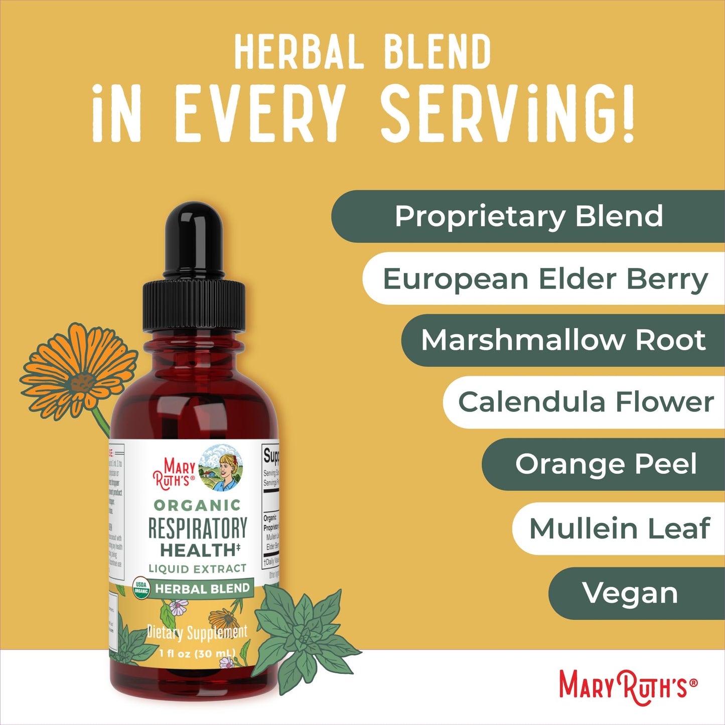 MaryRuth Organics USDA Organic Respiratory Health Liquid Drops with Mullein Leaf | Marshmallow Root & Elderberry | Mullein Drops for Lungs Herbal Blend | Immune Support Supplement | Vegan | 1 Fl Oz - Maple Wellness Supplements