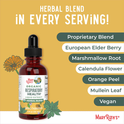 MaryRuth Organics USDA Organic Respiratory Health Liquid Drops with Mullein Leaf | Marshmallow Root & Elderberry | Mullein Drops for Lungs Herbal Blend | Immune Support Supplement | Vegan | 1 Fl Oz - Maple Wellness Supplements