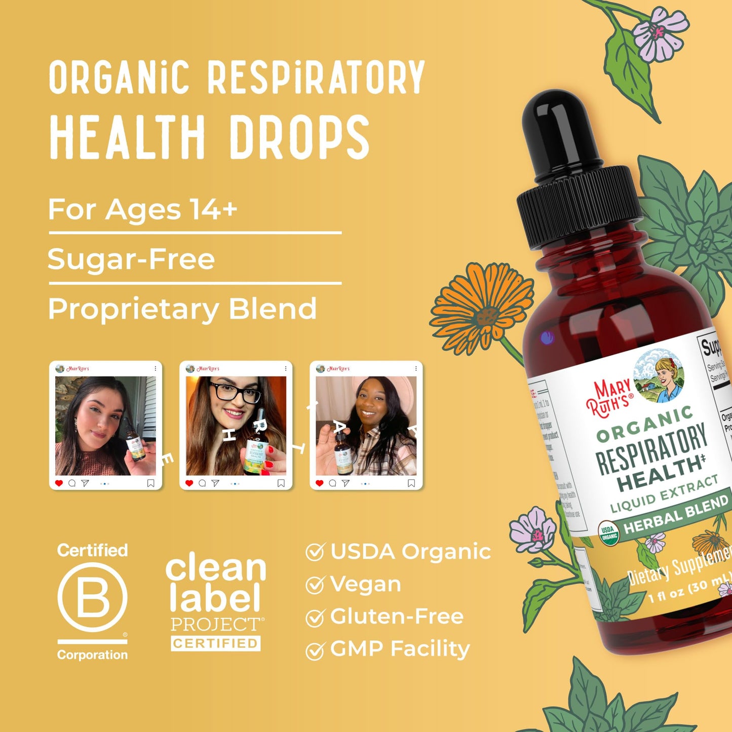 MaryRuth Organics USDA Organic Respiratory Health Liquid Drops with Mullein Leaf | Marshmallow Root & Elderberry | Mullein Drops for Lungs Herbal Blend | Immune Support Supplement | Vegan | 1 Fl Oz - Maple Wellness Supplements