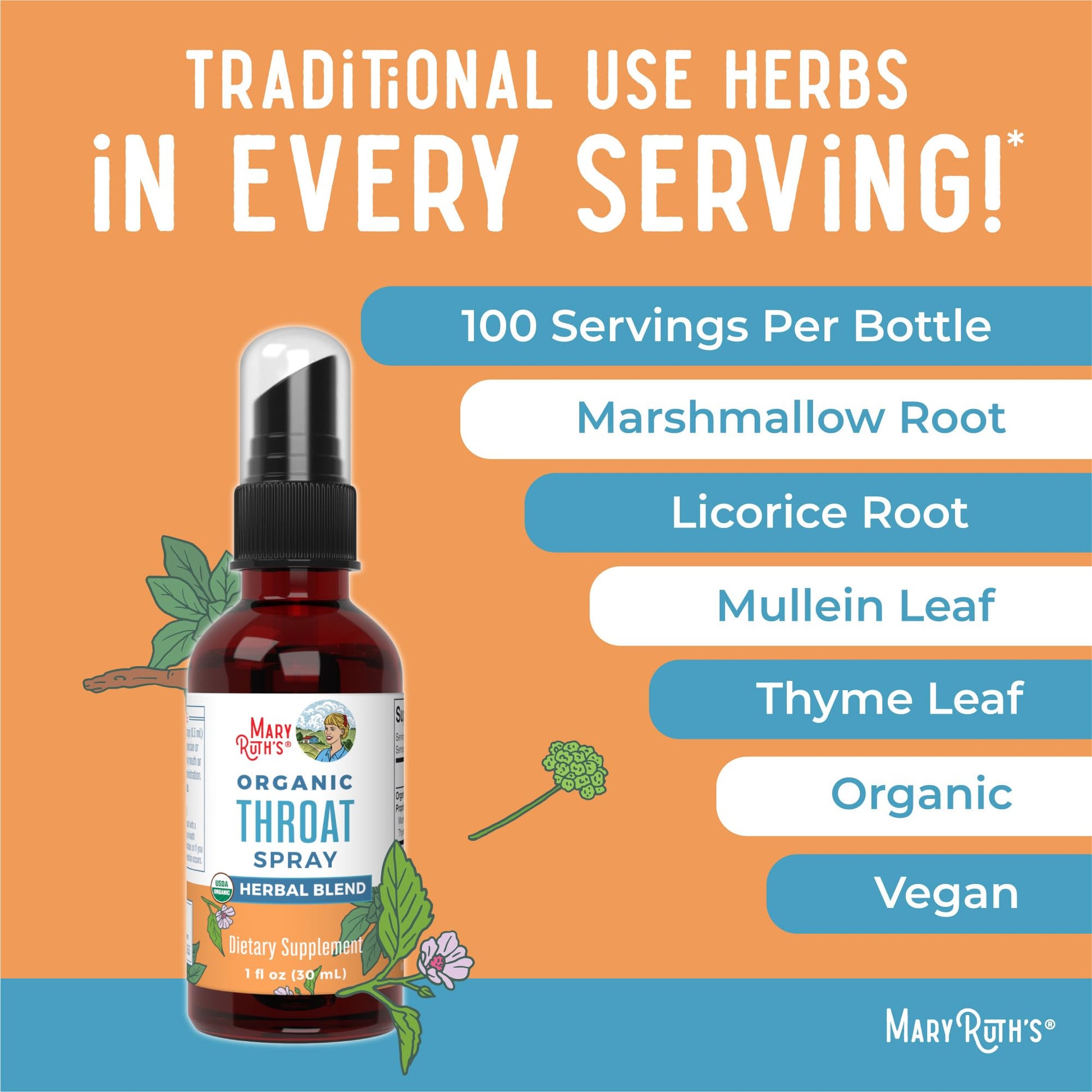 MaryRuth Organics USDA Organic Throat Spray with Mullein Leaf | Marshmallow Root & Licorice Root & Thyme Leaf | 4 Herbal Blend | Non-GMO | Vegan | Gluten Free | 1 Fl Oz | Up to 100 Servings - Maple Wellness Supplements
