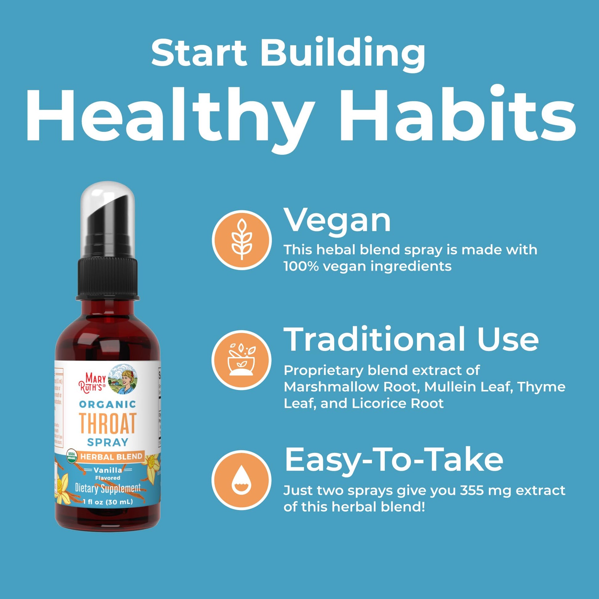 MaryRuth Organics USDA Organic Throat Spray with Mullein Leaf | Marshmallow Root & Licorice Root & Thyme Leaf | Vanilla | 4 Herbal Blend | Non-GMO | Vegan | Gluten Free | 1 Fl Oz | Up to 100 Servings - Maple Wellness Supplements