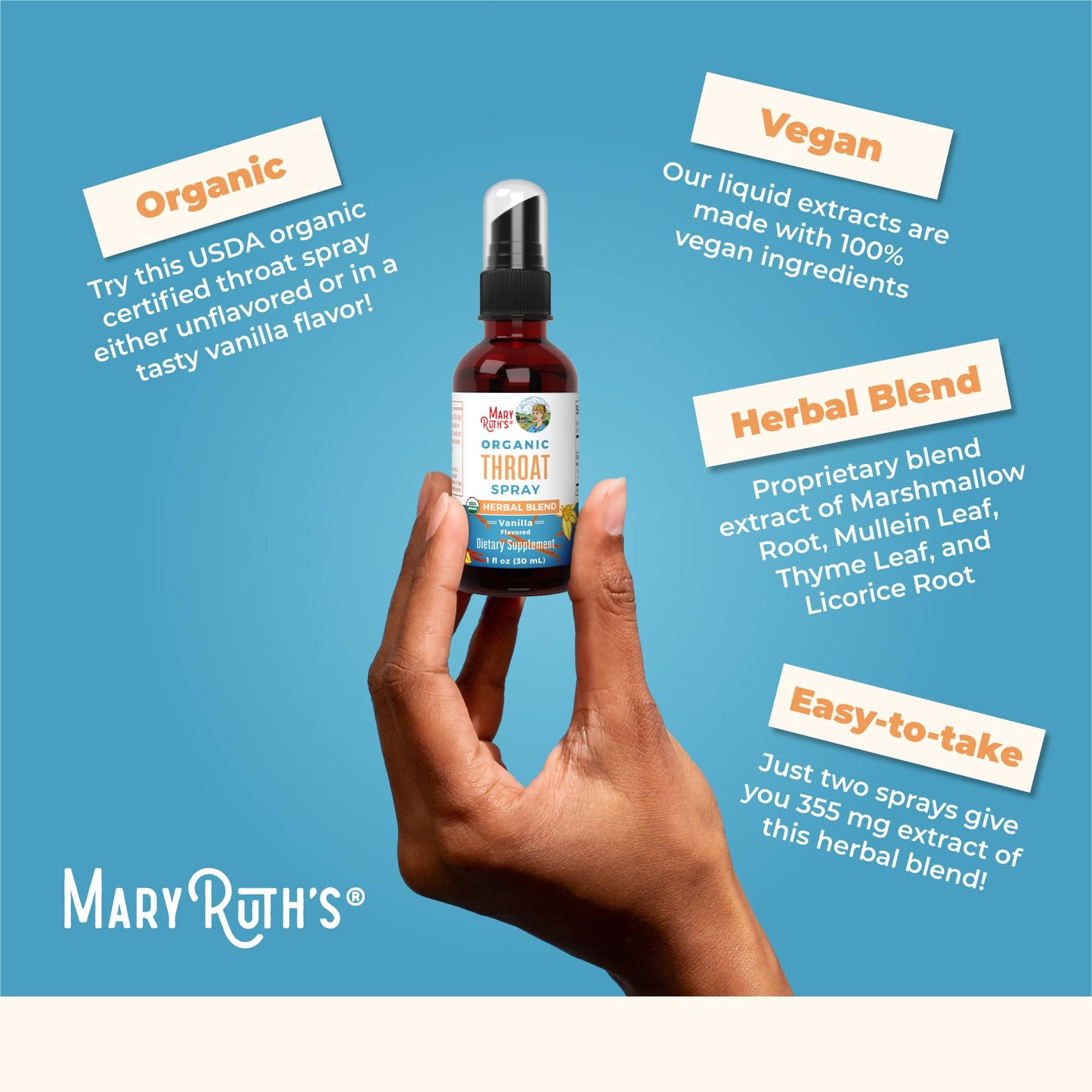 MaryRuth Organics USDA Organic Throat Spray with Mullein Leaf | Marshmallow Root & Licorice Root & Thyme Leaf | Vanilla | 4 Herbal Blend | Non-GMO | Vegan | Gluten Free | 1 Fl Oz | Up to 100 Servings - Maple Wellness Supplements