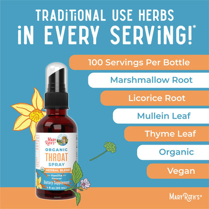 MaryRuth Organics USDA Organic Throat Spray with Mullein Leaf | Marshmallow Root & Licorice Root & Thyme Leaf | Vanilla | 4 Herbal Blend | Non-GMO | Vegan | Gluten Free | 1 Fl Oz | Up to 100 Servings - Maple Wellness Supplements