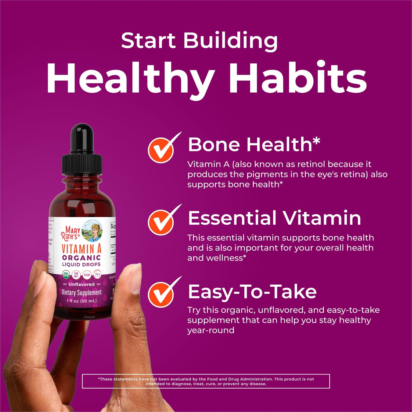MaryRuth Organics USDA Organic Vitamin A Liquid Drops | 3 Month Supply | Bone Health for Ages 14+ | Essential Vitamin | 750mcg per Serving | Sugar Free | Vegan | Non-GMO | Gluten Free | 1oz - Maple Wellness Supplements