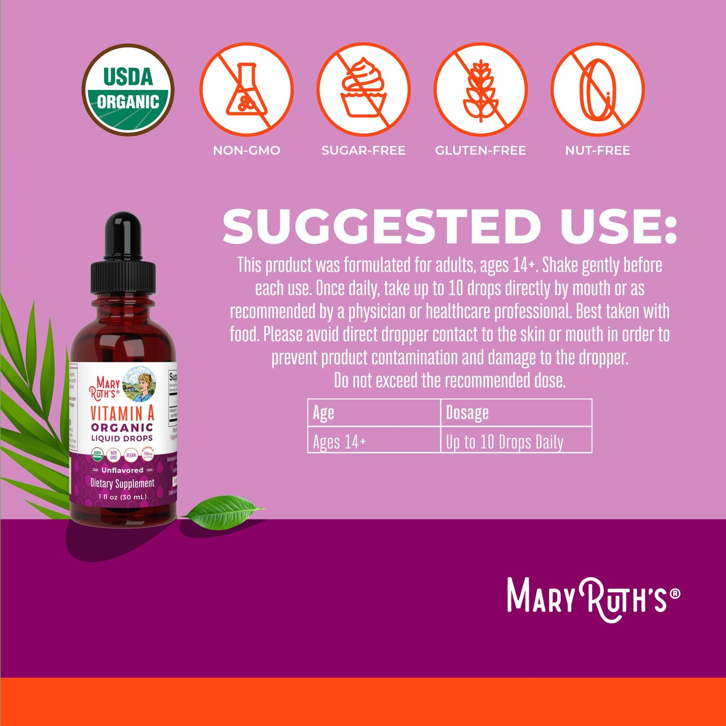 MaryRuth Organics USDA Organic Vitamin A Liquid Drops | 3 Month Supply | Bone Health for Ages 14+ | Essential Vitamin | 750mcg per Serving | Sugar Free | Vegan | Non-GMO | Gluten Free | 1oz - Maple Wellness Supplements