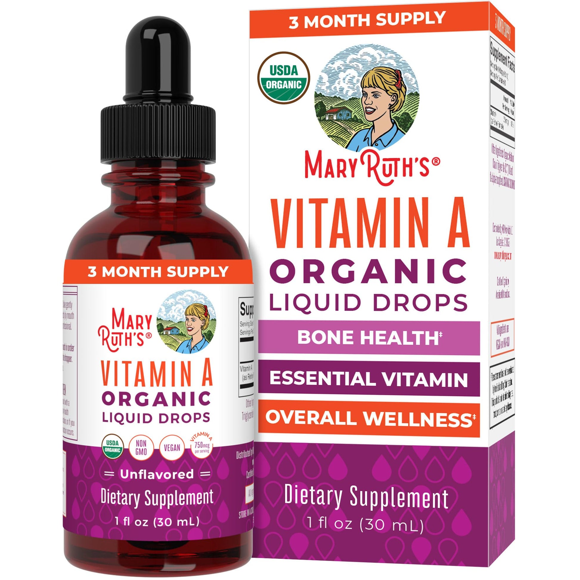 MaryRuth Organics USDA Organic Vitamin A Liquid Drops | 3 Month Supply | Bone Health for Ages 14+ | Essential Vitamin | 750mcg per Serving | Sugar Free | Vegan | Non-GMO | Gluten Free | 1oz - Maple Wellness Supplements