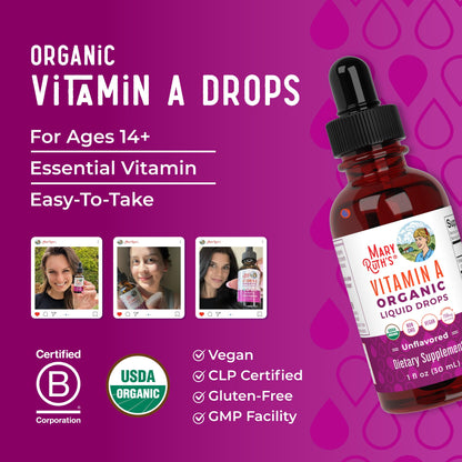 MaryRuth Organics USDA Organic Vitamin A Liquid Drops | 3 Month Supply | Bone Health for Ages 14+ | Essential Vitamin | 750mcg per Serving | Sugar Free | Vegan | Non-GMO | Gluten Free | 1oz - Maple Wellness Supplements