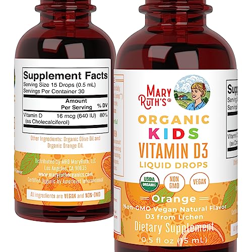 MaryRuth Organics USDA Organic Vitamin D3 Liquid Drops for Kids | 640 IU Vitamin D3 Per Serving | Kids Immune Support & Bone Health Supplement | Formulated for Ages 4-13 | 0.5oz | 30 Servings - Maple Wellness Supplements