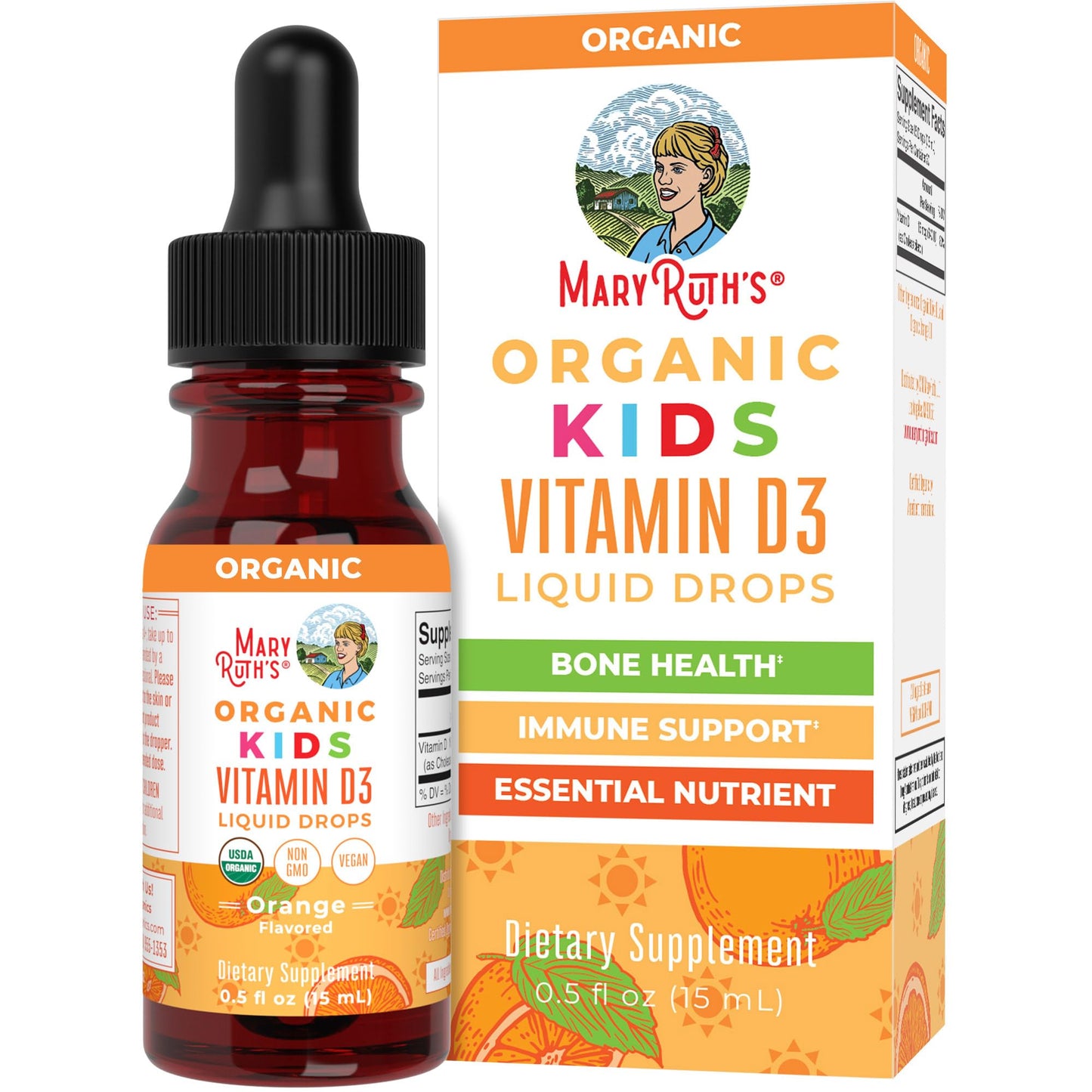 MaryRuth Organics USDA Organic Vitamin D3 Liquid Drops for Kids | 640 IU Vitamin D3 Per Serving | Kids Immune Support & Bone Health Supplement | Formulated for Ages 4-13 | 0.5oz | 30 Servings - Maple Wellness Supplements
