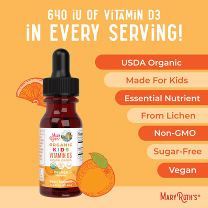 MaryRuth Organics USDA Organic Vitamin D3 Liquid Drops for Kids | 640 IU Vitamin D3 Per Serving | Kids Immune Support & Bone Health Supplement | Formulated for Ages 4-13 | 0.5oz | 30 Servings - Maple Wellness Supplements