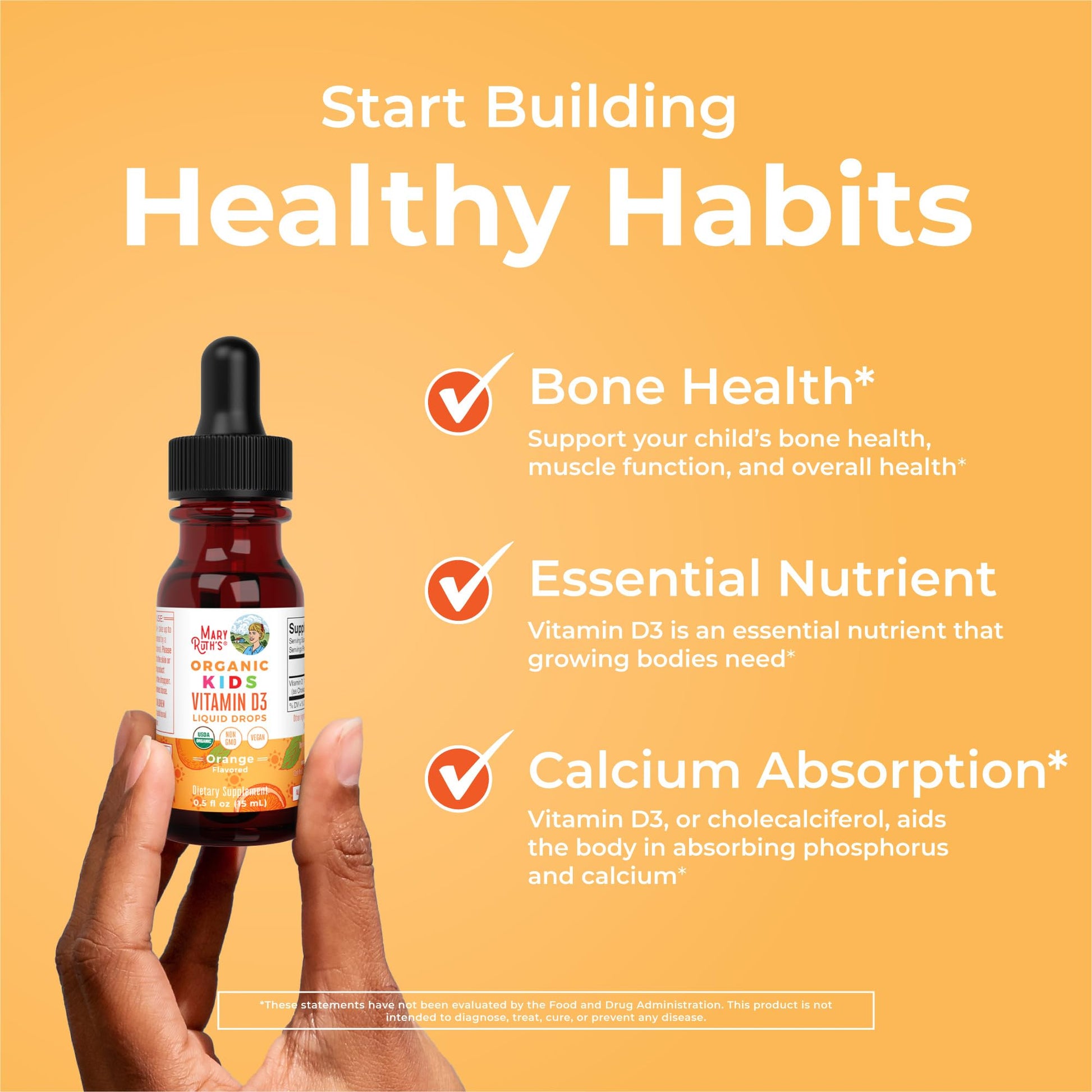 MaryRuth Organics USDA Organic Vitamin D3 Liquid Drops for Kids | 640 IU Vitamin D3 Per Serving | Kids Immune Support & Bone Health Supplement | Formulated for Ages 4-13 | 0.5oz | 30 Servings - Maple Wellness Supplements