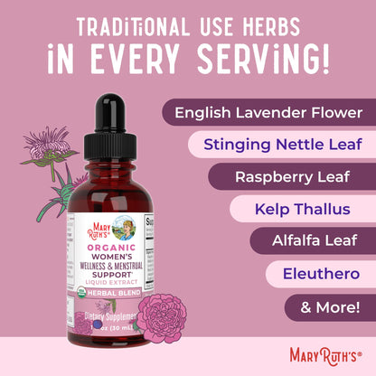 MaryRuth Organics USDA Organic Women's Wellness Liquid Herbal Supplements | Includes Stinging Nettle, Raspberry Leaf, Eleuthero Root, Chaste Tree Berry | Menstrual Support | Non-GMO, Vegan - Maple Wellness Supplements