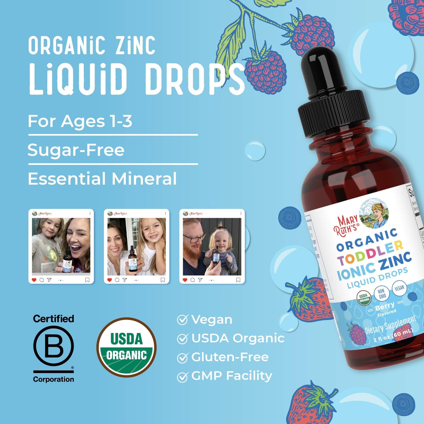 MaryRuth Organics USDA Toddler Liquid Drops | Zinc Sulfate | Immune Support Supplement| Skin Health | Vegan | Formulated for Ages 1-3 | Delicious Berry Flavor | 1 Month Supply | 2 Fl Oz - Maple Wellness Supplements