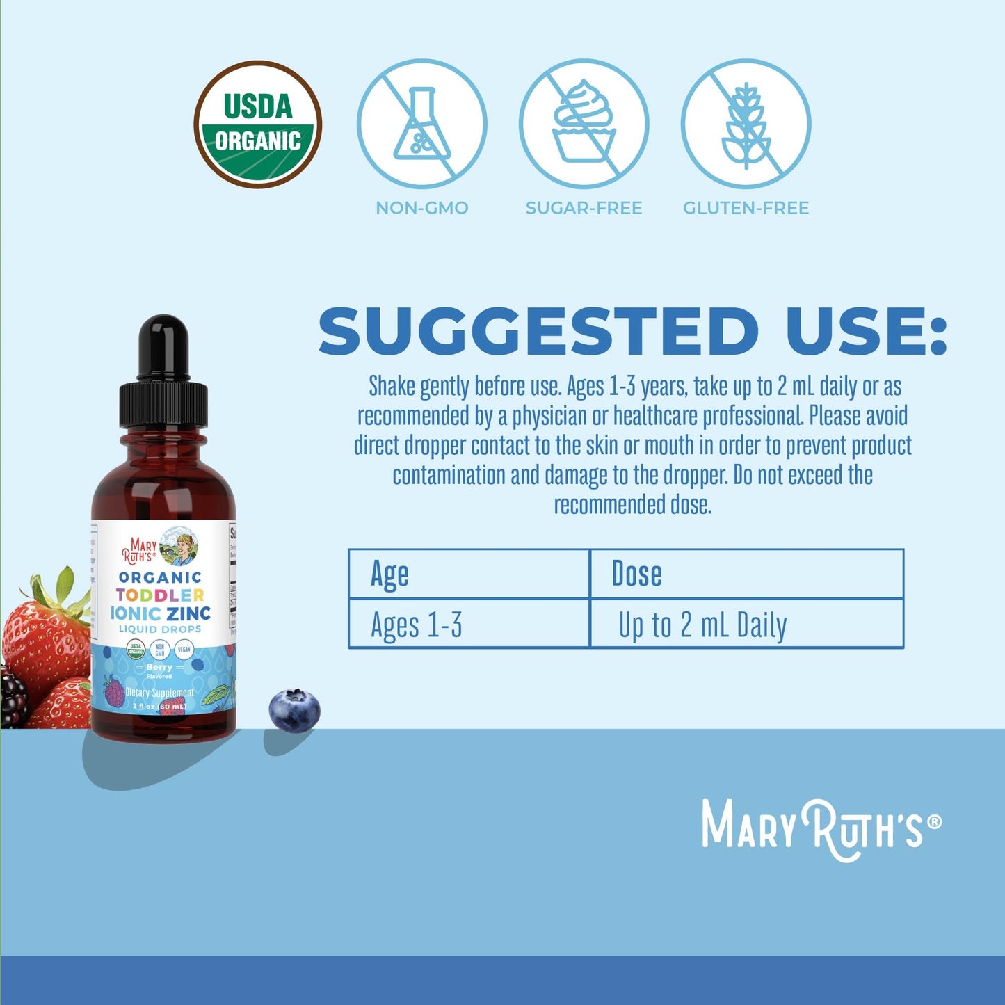 MaryRuth Organics USDA Toddler Liquid Drops | Zinc Sulfate | Immune Support Supplement| Skin Health | Vegan | Formulated for Ages 1-3 | Delicious Berry Flavor | 1 Month Supply | 2 Fl Oz - Maple Wellness Supplements