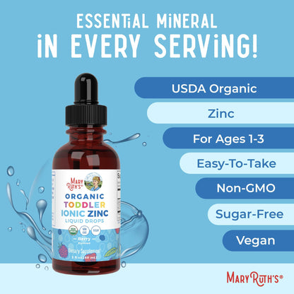 MaryRuth Organics USDA Toddler Liquid Drops | Zinc Sulfate | Immune Support Supplement| Skin Health | Vegan | Formulated for Ages 1-3 | Delicious Berry Flavor | 1 Month Supply | 2 Fl Oz - Maple Wellness Supplements