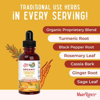 MaryRuth Organics USDA Turmeric Gold Liquid Drops | Herbal Blend | Turmeric Curcumin | Black Pepper | Cassia Cinnamon Bark | Ginger Root | Immune Support | Non-GMO Project Verified | Vegan | 1oz - Maple Wellness Supplements
