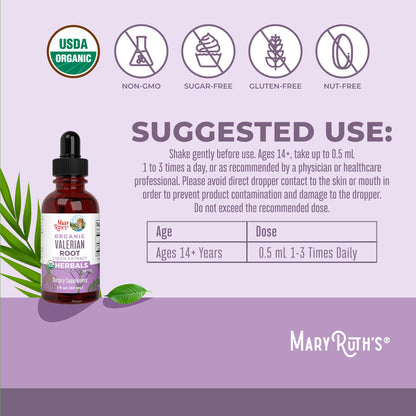 MaryRuth Organics Valerian Root Liquid Drops | 2 Month Supply | Sugar Free | USDA Organic Valerian Root Drops | Support Sleep | Calm and Stress Relief | Vegan | Non-GMO | Gluten Free | 60 Servings - Maple Wellness Supplements