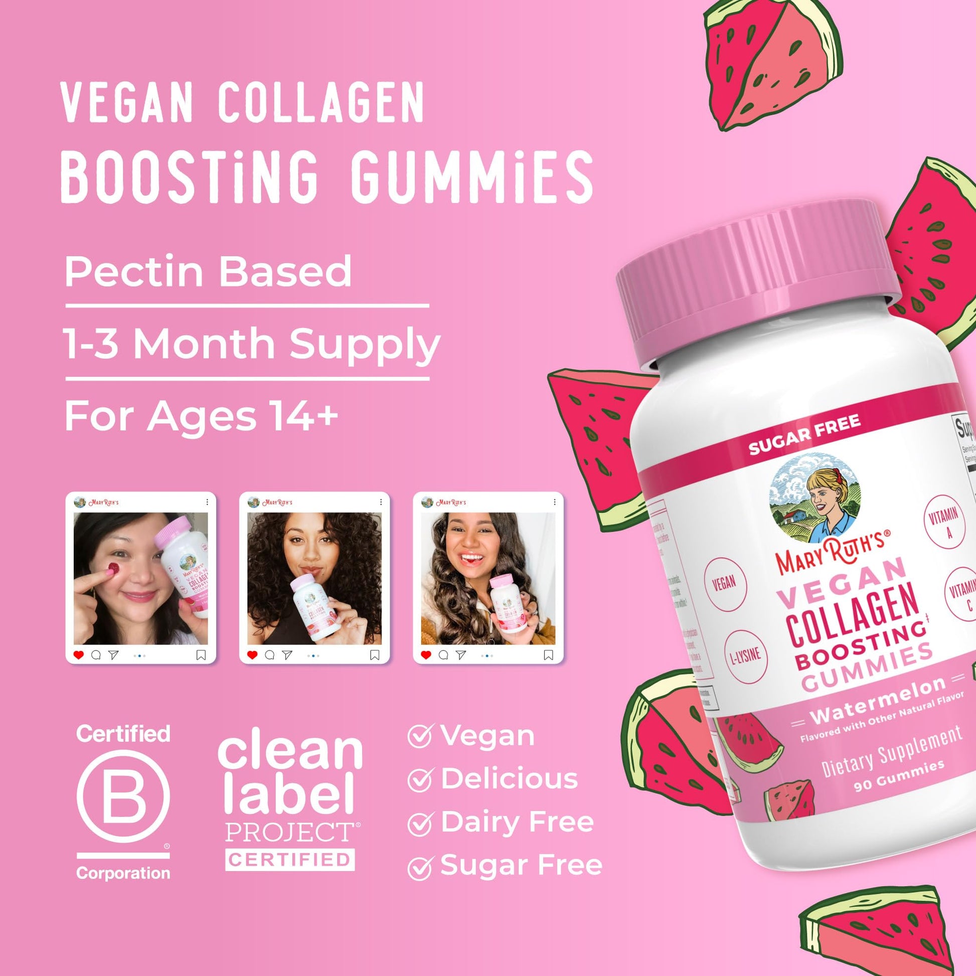 MaryRuth Organics Vegan Collagen for Women & Men, Collagen Boosting Gummies, Skin Care, Lysine, Vitamin C, Vitamin A, Amla, Supplement for Hair & Skin, Vegan, Non-GMO, Gluten Free, 90 Servings - Maple Wellness Supplements