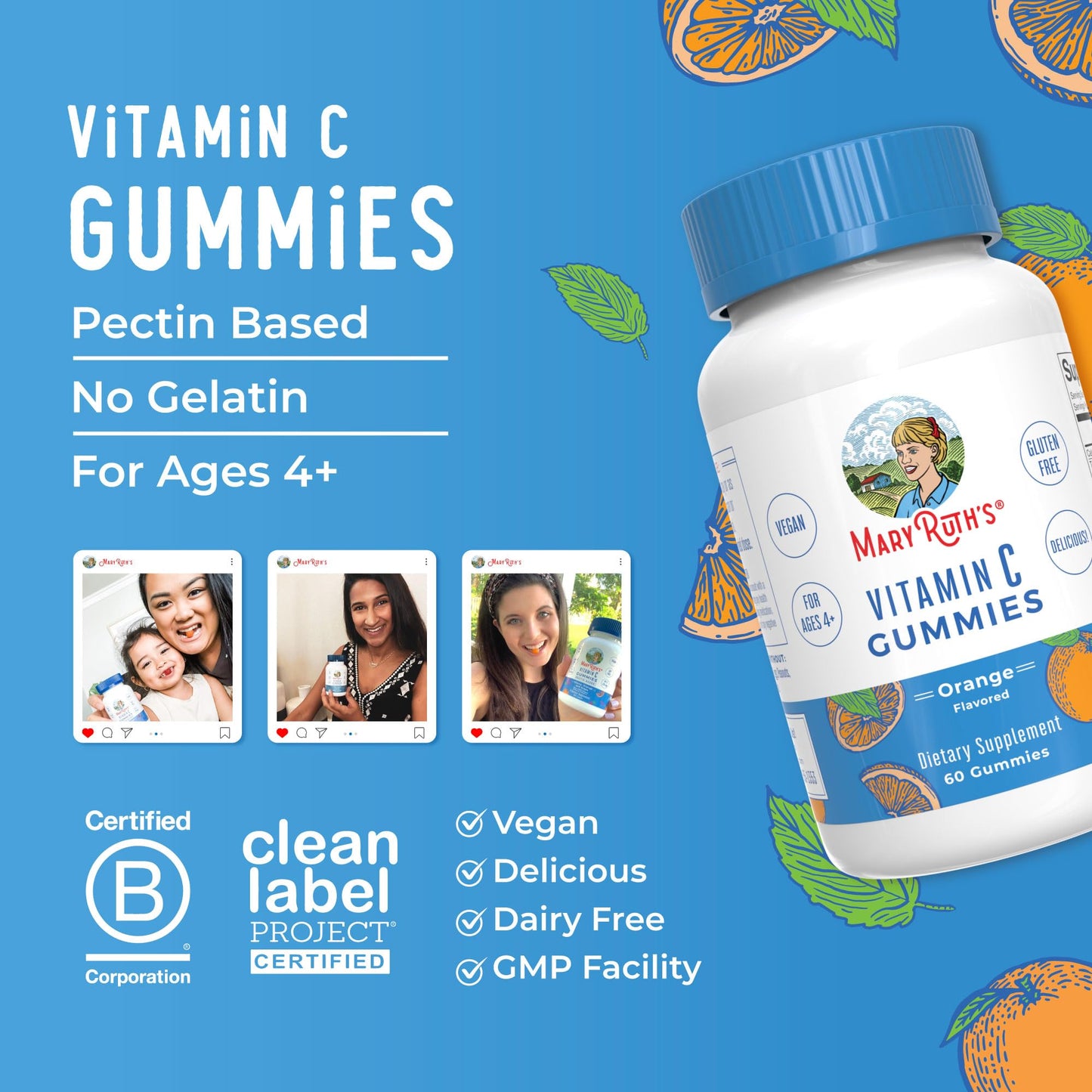 MaryRuth Organics Vegan Vitamin C Gummies | 2 Month Supply | Immune Support Supplement for Adults & Kids | Chewable Vitamin C Gummy Vitamins | Non-GMO | Pectin Based | 60 Count - Maple Wellness Supplements