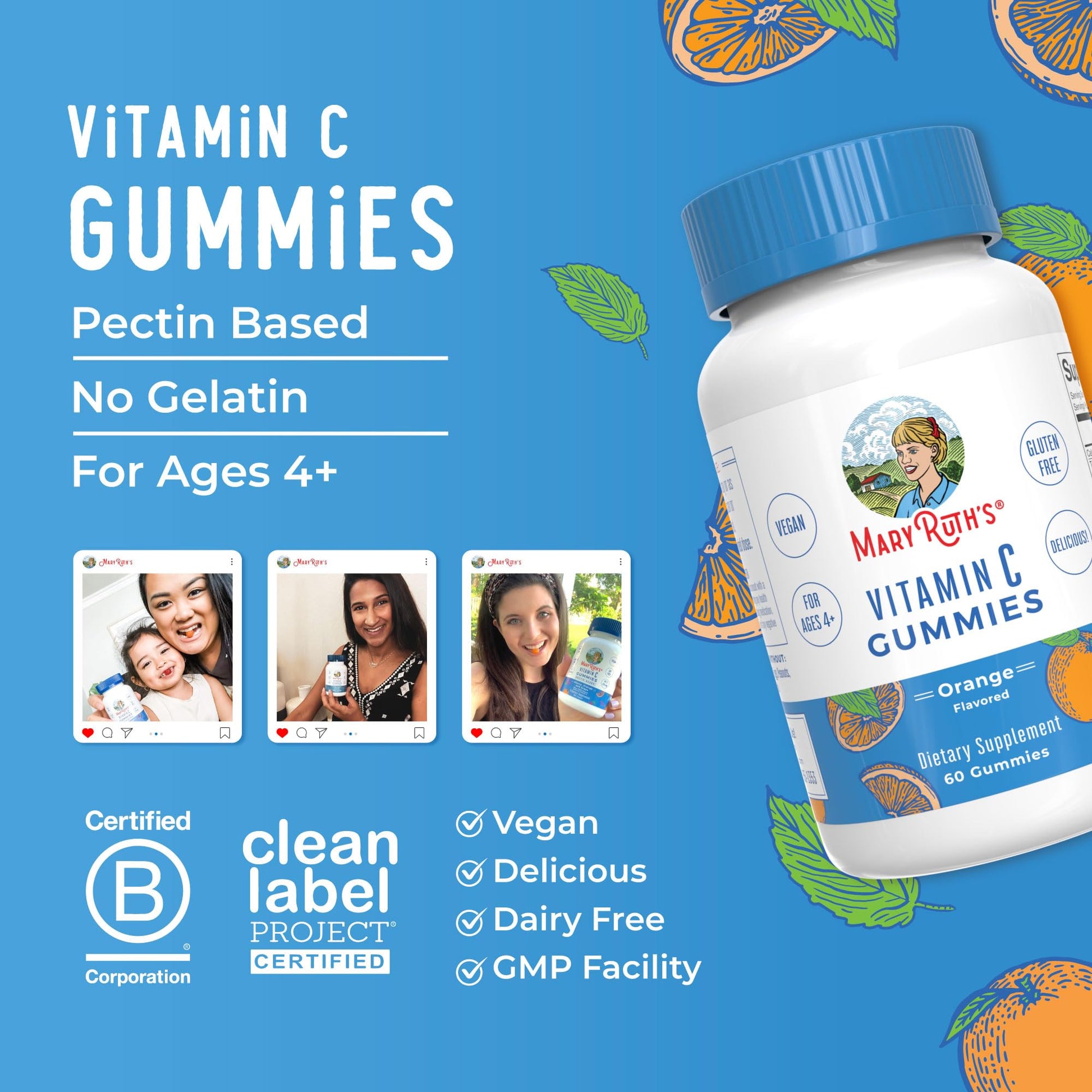 MaryRuth Organics Vegan Vitamin C Gummies | 2 Month Supply | Immune Support Supplement for Adults & Kids | Chewable Vitamin C Gummy Vitamins | Non-GMO | Pectin Based | 60 Count - Maple Wellness Supplements