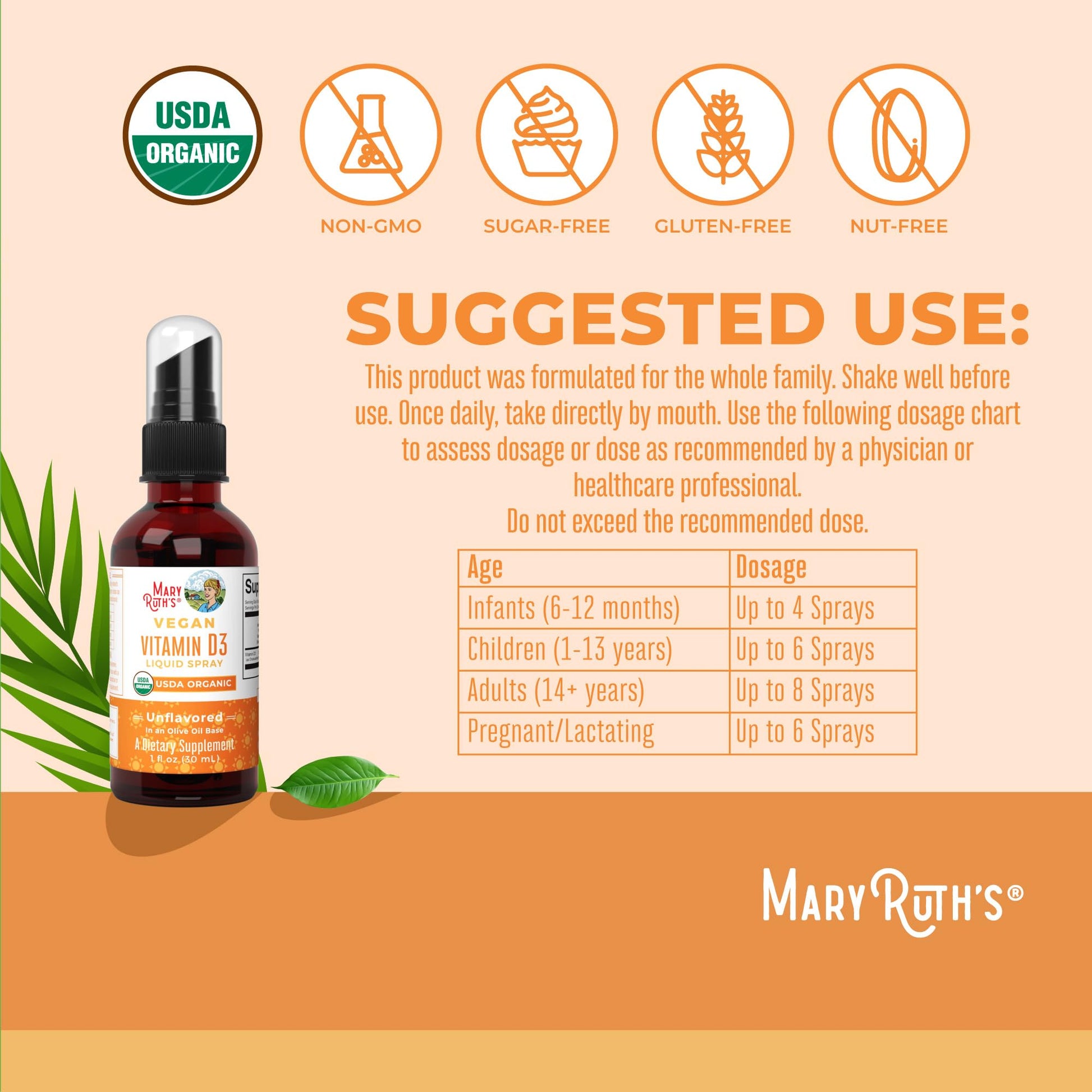 MaryRuth Organics Vitamin D USDA Organic | VIT D3 Liquid | Sugar Free | Liquid VIT D Spray Immune Support for Adults & Kids | Bone Health| Vegan | Gluten Free | Non-GMO | 30 Servings - Maple Wellness Supplements
