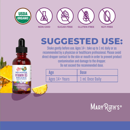 MaryRuth Organics Vitamin D3 Liquid Drops | Megadose 4000 IU | USDA Organic Liquid Vitamin D Spray for Adults & Kids | Immune Support & Bone Health | Vegan | Gluten Free | Non-GMO | 30 Servings - Maple Wellness Supplements