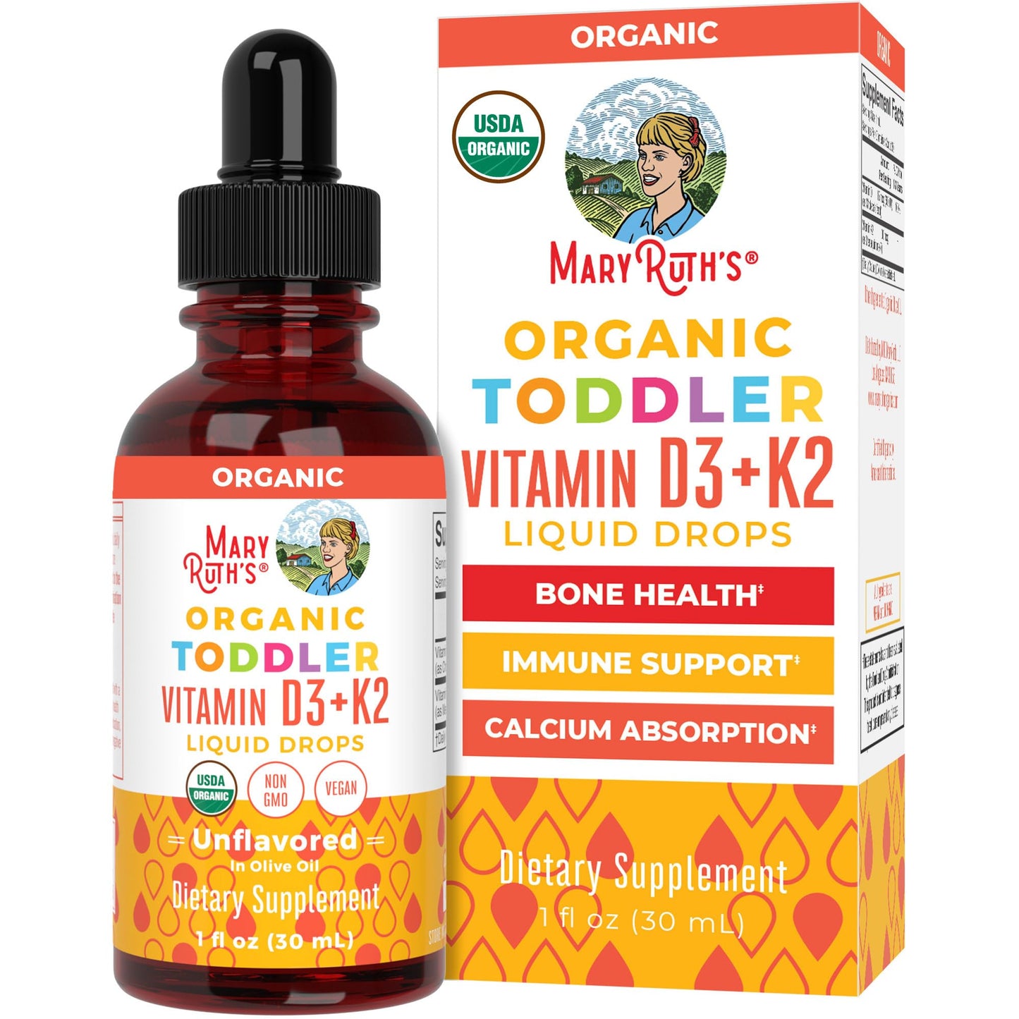 MaryRuth Organics Vitamin D3 | Vitamin K2 | Vitamin D3 K2 Drops | K2 D3 Vitamin Liquid Supplement for Toddlers | Kids Supplement for Calcium Absorption Strong Bones | Vegan | Gluten Free | 1 Fl Oz - Maple Wellness Supplements