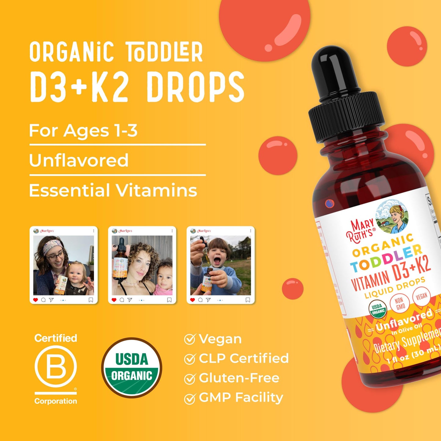 MaryRuth Organics Vitamin D3 | Vitamin K2 | Vitamin D3 K2 Drops | K2 D3 Vitamin Liquid Supplement for Toddlers | Kids Supplement for Calcium Absorption Strong Bones | Vegan | Gluten Free | 1 Fl Oz - Maple Wellness Supplements