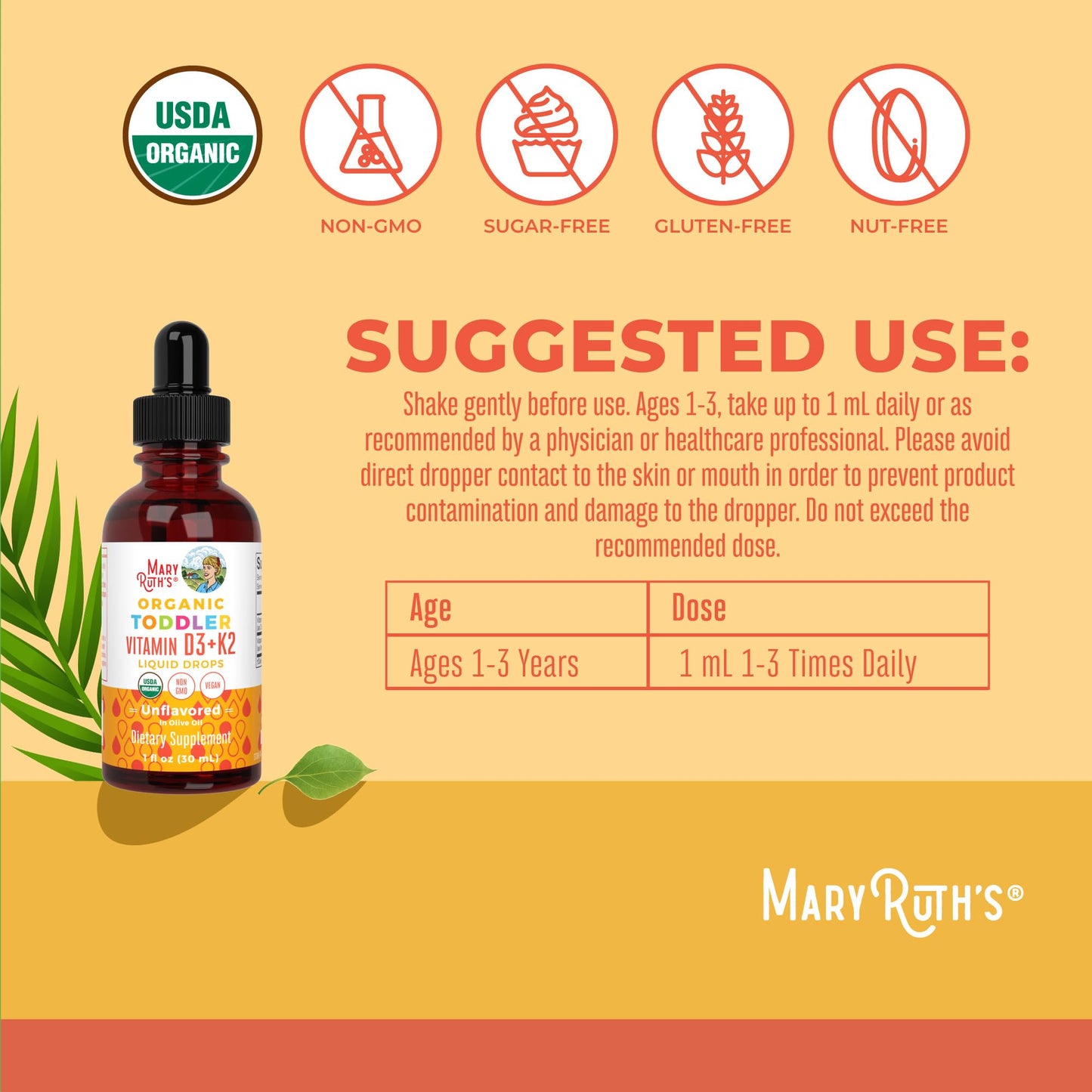 MaryRuth Organics Vitamin D3 | Vitamin K2 | Vitamin D3 K2 Drops | K2 D3 Vitamin Liquid Supplement for Toddlers | Kids Supplement for Calcium Absorption Strong Bones | Vegan | Gluten Free | 1 Fl Oz - Maple Wellness Supplements