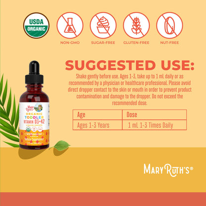 MaryRuth Organics Vitamin D3 | Vitamin K2 | Vitamin D3 K2 Drops | K2 D3 Vitamin Liquid Supplement for Toddlers | Kids Supplement for Calcium Absorption Strong Bones | Vegan | Gluten Free | 1 Fl Oz - Maple Wellness Supplements