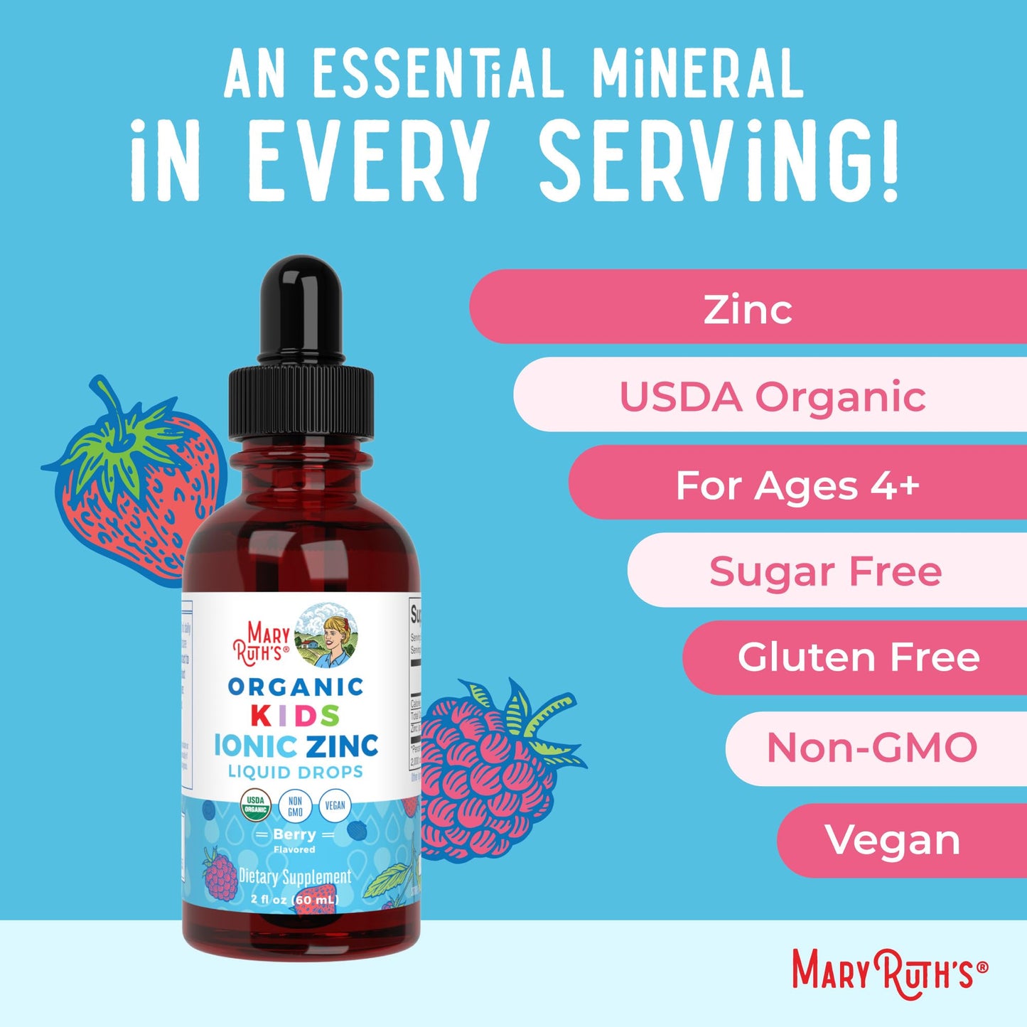 MaryRuth Organics Zinc Supplement for Immune Support, Immune Support Supplement for Kids, Ages 4-13, Zinc Sulfate, Vegan, USDA Organic, Glycerin Based, 2 Fl Oz - Maple Wellness Supplements