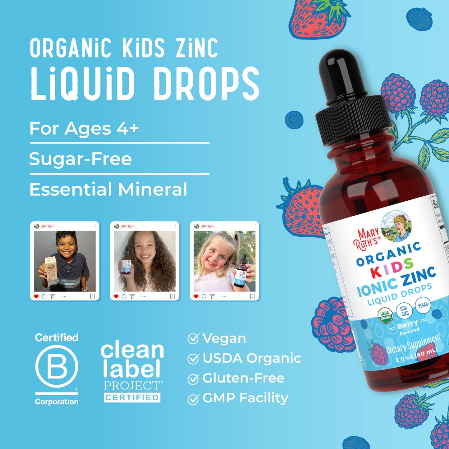 MaryRuth Organics Zinc Supplement for Immune Support, Immune Support Supplement for Kids, Ages 4-13, Zinc Sulfate, Vegan, USDA Organic, Glycerin Based, 2 Fl Oz - Maple Wellness Supplements