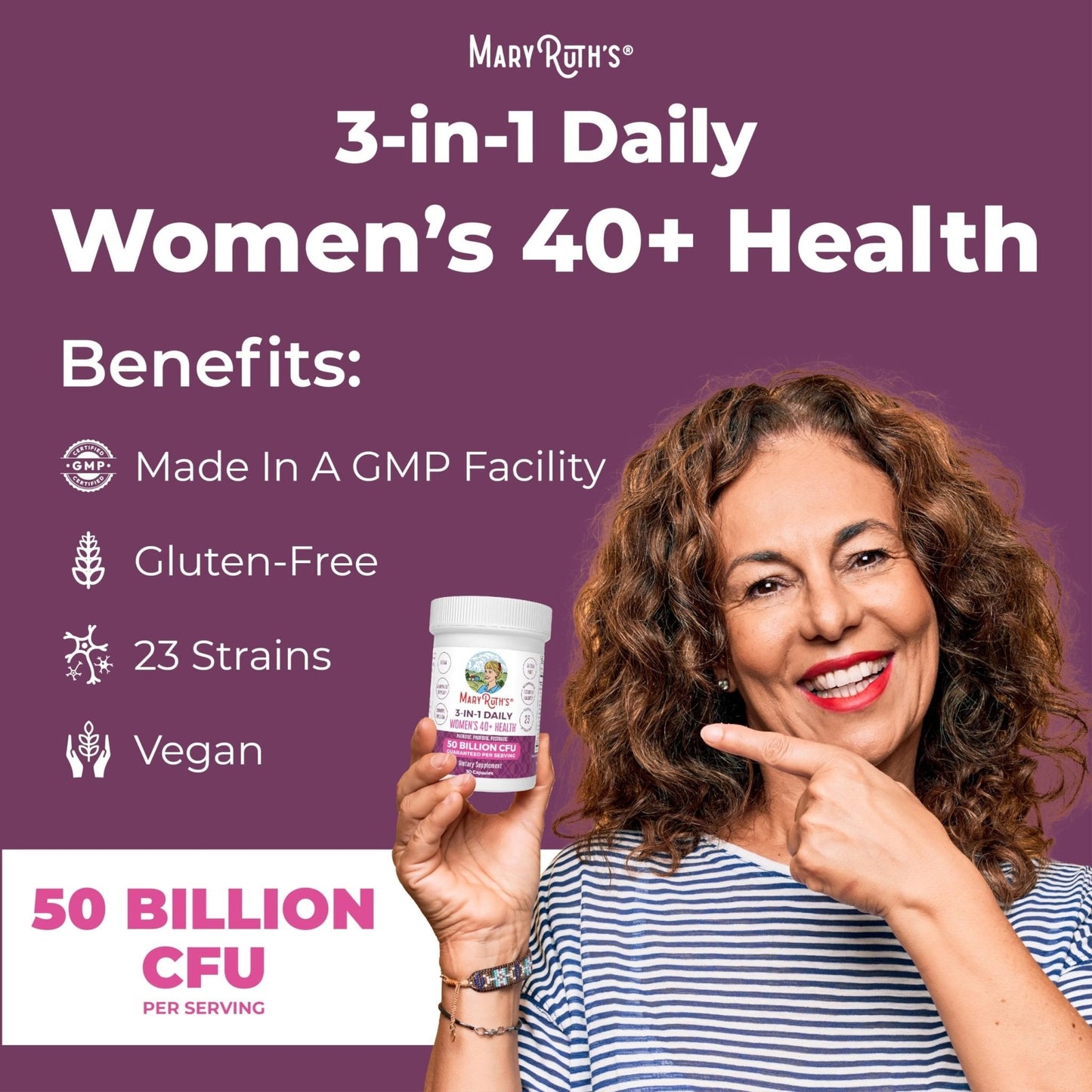 MaryRuth's 3-in-1 Daily Health 40+ Probiotics for Women | Hormonal & Menopause Support Supplement for Women | Gut Health Capsules | 50 Billion CFU | Allergen Free | 30 Ct - Maple Wellness Supplements