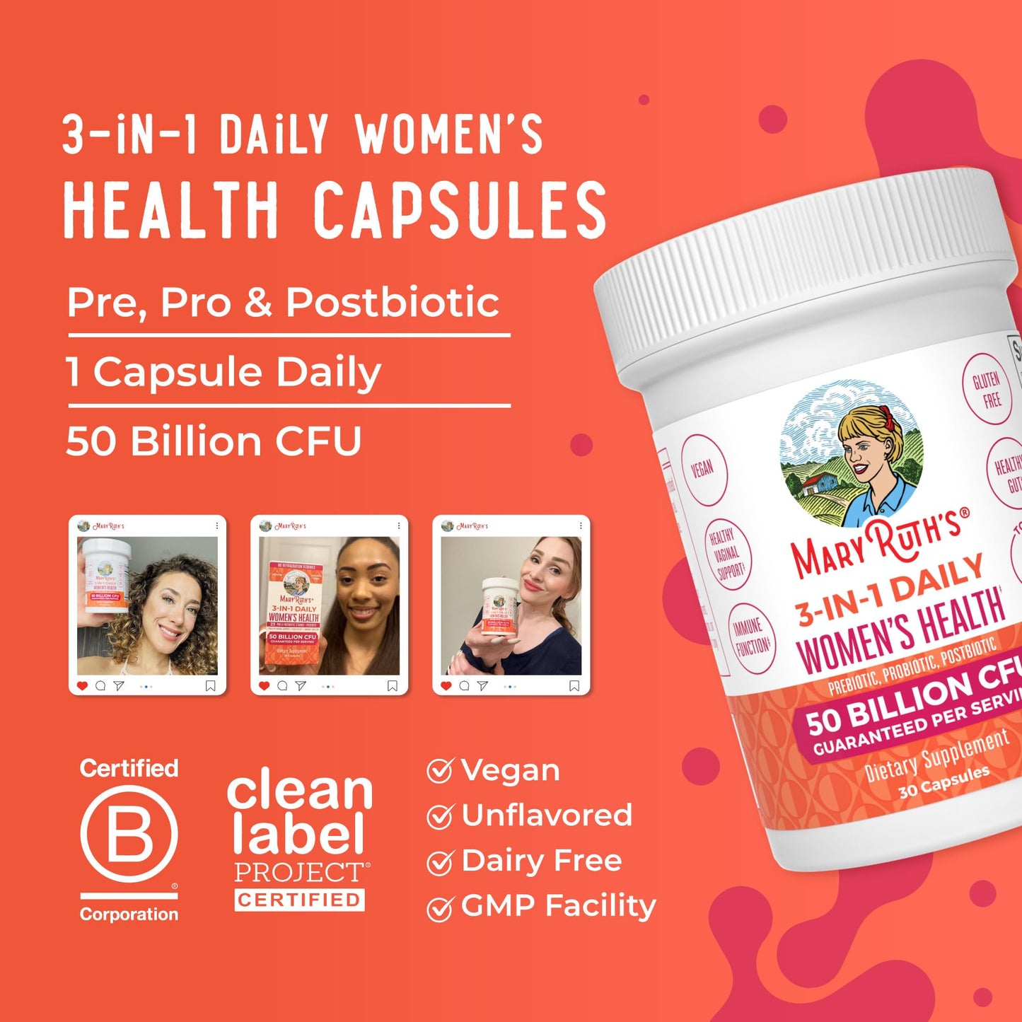 MARYRUTH'S 3-in-1 Daily Health Probiotics for Women | Hormone Support & Gut Health Supplement for Women | Women’s Probiotic - Maple Wellness Supplements