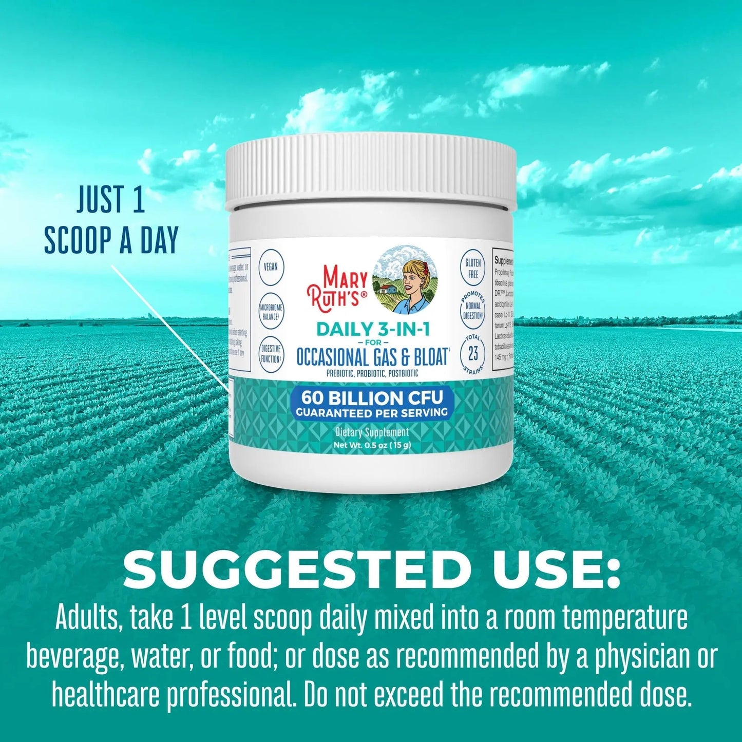 MARYRUTH'S 3-in-1 Gas & Bloat Probiotic Powder | Probiotics for Normal Digestive Function | Probiotics for Women & Men | Prebiotics & Postbiotics | 60 Billion CFU | 23 Unique Strains | 0.5 oz - Maple Wellness Supplements