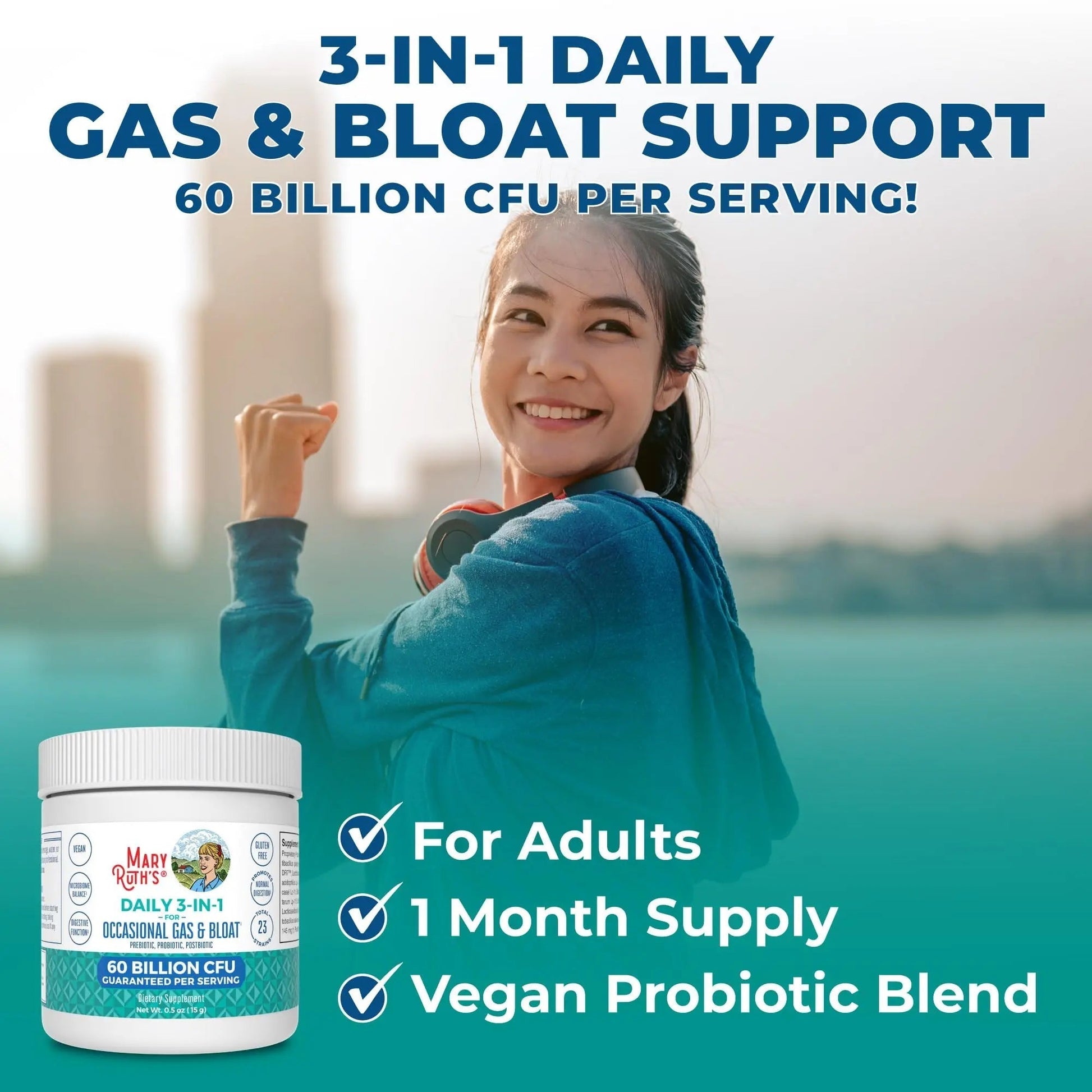 MARYRUTH'S 3-in-1 Gas & Bloat Probiotic Powder | Probiotics for Normal Digestive Function | Probiotics for Women & Men | Prebiotics & Postbiotics | 60 Billion CFU | 23 Unique Strains | 0.5 oz - Maple Wellness Supplements