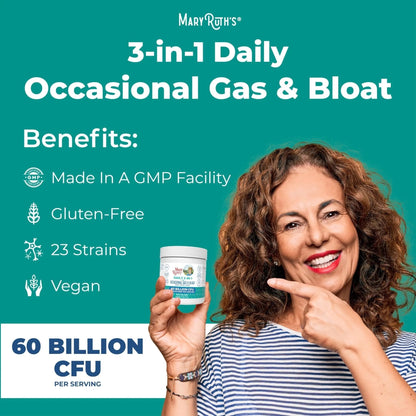 MARYRUTH'S 3-in-1 Gas & Bloat Probiotic Powder | Probiotics for Normal Digestive Function | Probiotics for Women & Men | Prebiotics & Postbiotics | 60 Billion CFU | 23 Unique Strains | 0.5 oz - Maple Wellness Supplements