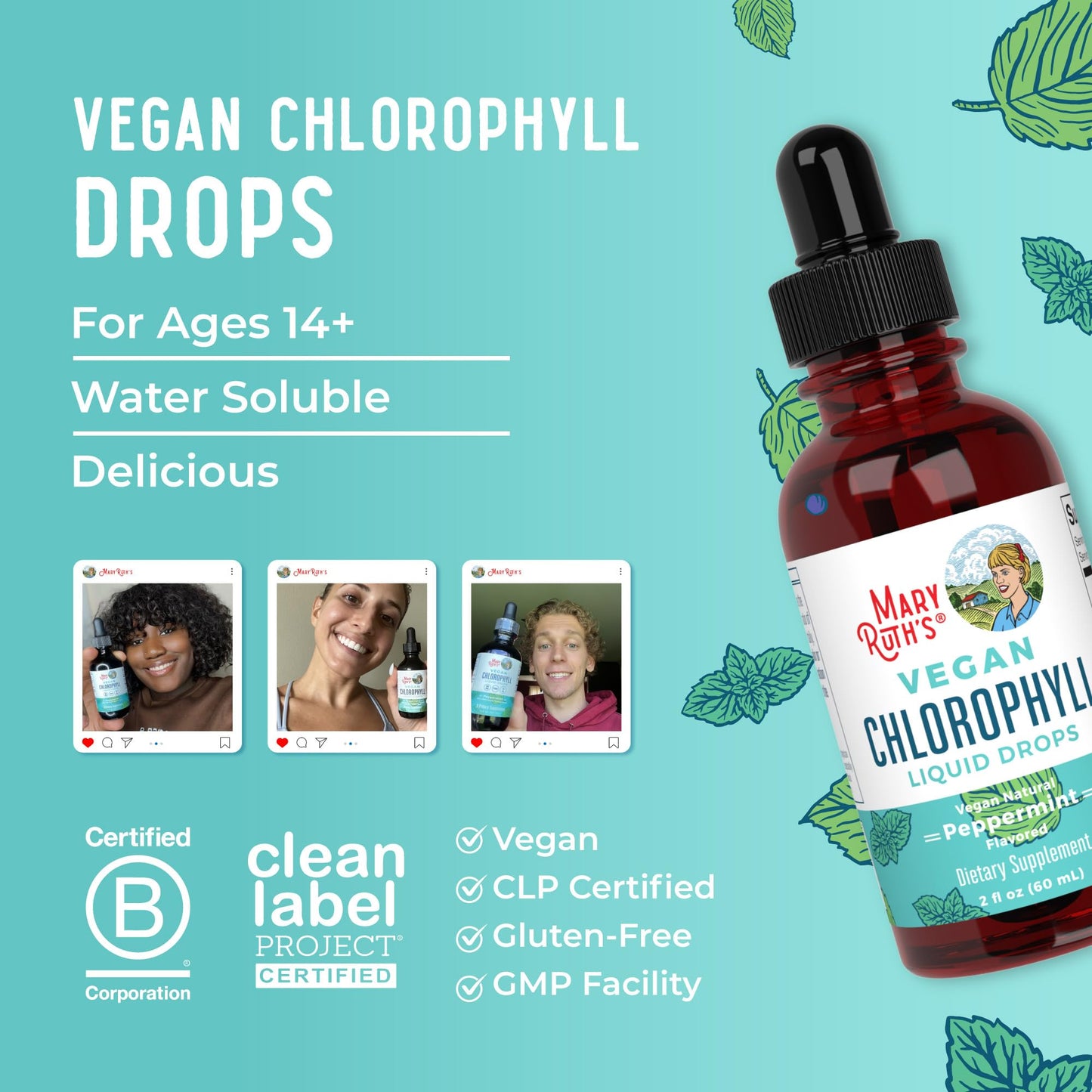 MaryRuth's Chlorophyll Liquid Drops | Clean Label Project Certified® | Vegan | Non-Diluted Liquid Chlorophyll| Mulberry Derived Supplement for Ages 14+ | Non-GMO | Delicious Minty Flavor | 2 Fl Oz - Maple Wellness Supplements