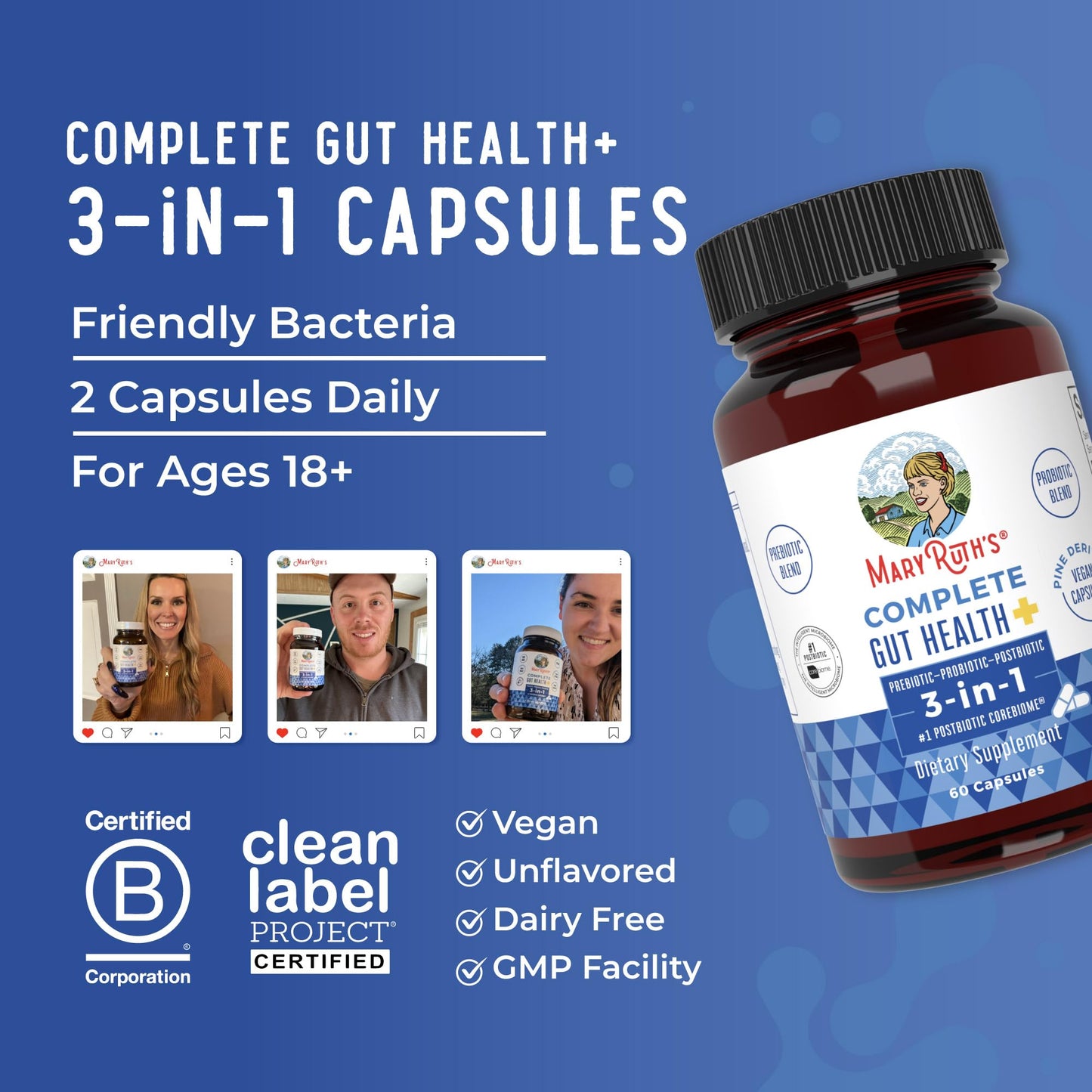 MARYRUTH'S Complete Gut Health+ Capsules | 5 Probiotic Blend | Butyrate | Corebiome® | Vegan Gut Support | Support Gastrointestinal Health & Microbiome - Maple Wellness Supplements