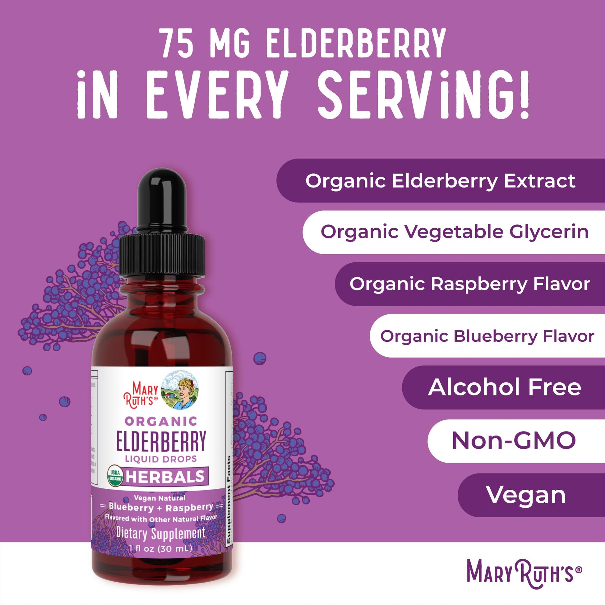 MARYRUTH'S Elderberry Liquid Drops for Adults & Kids | Immune Support | Antioxidant | Overall Wellness | Elder Berry Extract | USDA Organic | Sugar Free | Vegan | Non-GMO | Gluten Free | 1 Fl Oz - Maple Wellness Supplements