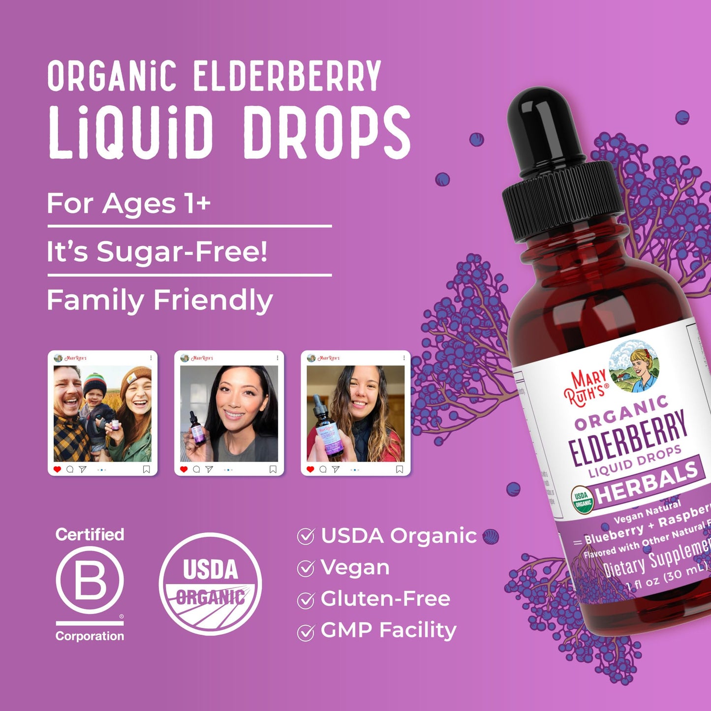 MARYRUTH'S Elderberry Liquid Drops for Adults & Kids | Immune Support | Antioxidant | Overall Wellness | Elder Berry Extract | USDA Organic | Sugar Free | Vegan | Non-GMO | Gluten Free | 1 Fl Oz - Maple Wellness Supplements