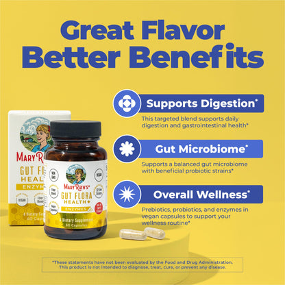 MaryRuth’s Gut Flora Health+ Enzymes | Prebiotic & Probiotic Digestive Enzymes for Healthy Gut Biome & Digestive Support | Gastrointestinal Health | CLP Certified - Maple Wellness Supplements